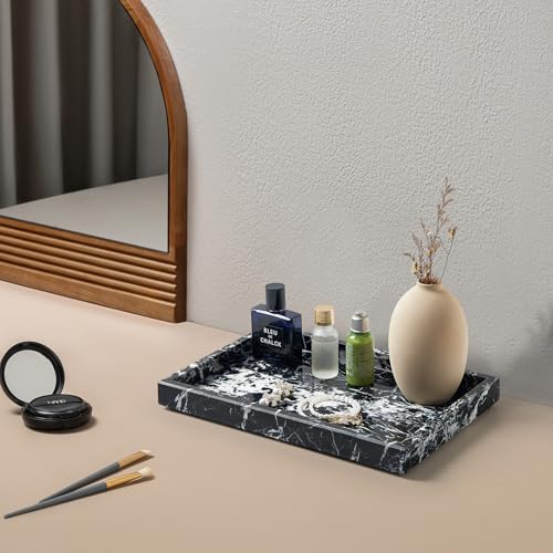 Image of Real Natural Marble Tray for Bathroom, Vanity, Kitchen and Desktop, Rectangle Genuine Marble Stone Tray for Jewelry, Cosmetics, Candles, Lotion, Perfume and Home Decor (Black)