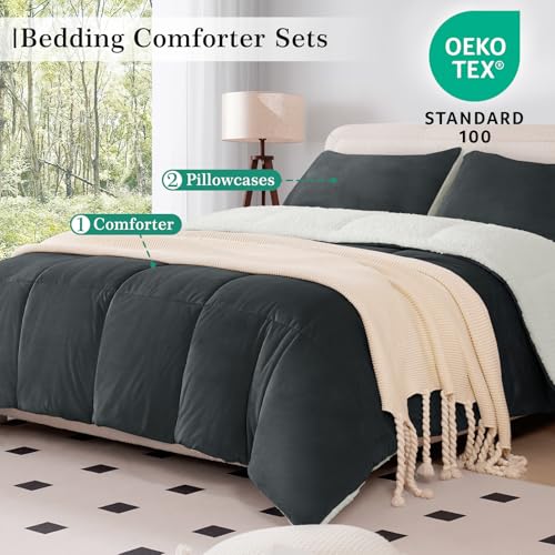 Image of MERITLIFE Fluffy Sherpa King Size Bedding Comforter Sets King Comforter Set-3 Pieces Bed in a Bag Dark Grey Soft Comforter and Pillowcase Luxury Warm Bedding Set for Winter