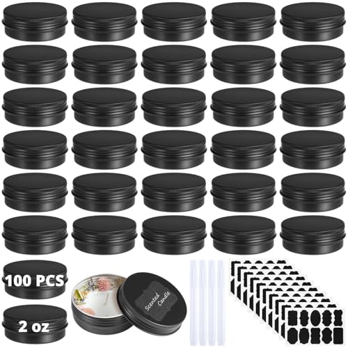 100PCS Metal Round Tins, 2 oz Black Aluminum Tin Cans Containers with Screw Lid for Lotion Bars, Balms, Salve, Spices or Beard Balm, DIY Candle Making Jar