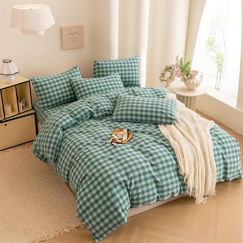 Image of ECOCOTT Grid Plaid Duvet Cover Queen Size -100% Washed Cotton Linen Like Textured Breathable Durable Soft Comfy Bedding Set Mini Green Blue Plaid Comforter Cover