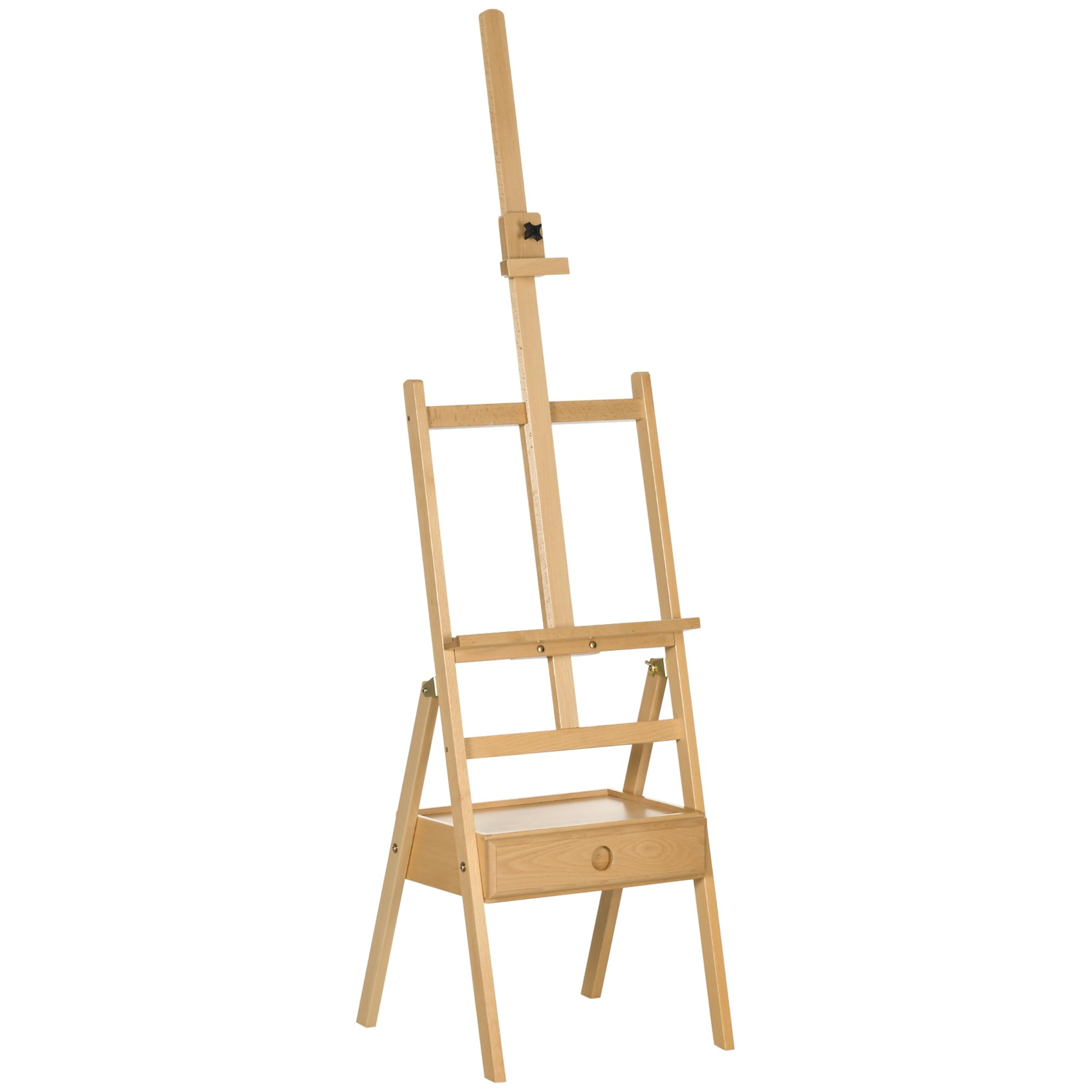 Vinsetto Cavalletto da Pittore ad Altezza Regolabile con Cassetto Inferiore, Cavalletto per Dipingere in Legno di Faggio, 43.5x43x150-190 cm, Color Legno