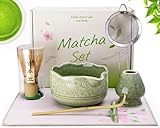 Doublewhale 7PCS Keramik Matcha Set mit Matcha Besen, Besenhalter, Matcha Schüssel mit Auslauf, Matcha Löffel, Löffelhalter, Edelstahlsieb, Teetuch, Geschenk für Matcha-Anfänger und Matcha-Liebhaber