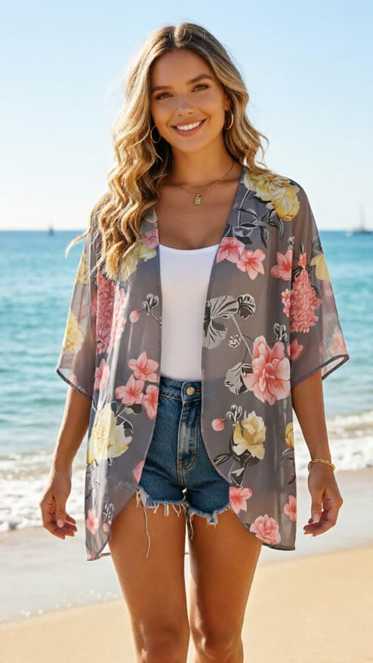 Image of FINOCEANS Womens Floral Chiffon Kimono Cardigans Loose Beach Cover Up Half Sleeve Tops
