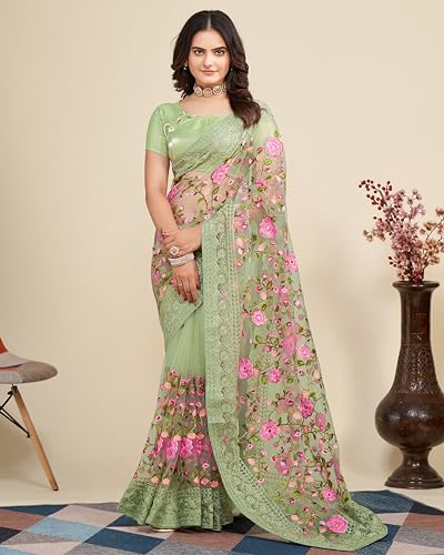 Image of VAIRAGEE Women's Beautiful Soft Net Embroidery Saree With Unstitched Blouse 6079