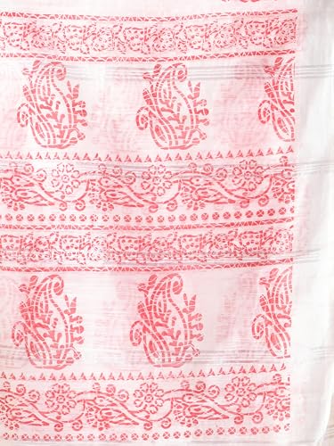 Image of WoodenTant Women's Linen Slab Cotton Blend Block Print Saree with Blouse Piece | Traditional Soft Saree (6.5m Length, 1.2m Width)
