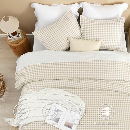 Image of Andency Beige Gingham Comforter Set Full(79x90Inch), Cream Checkered Grid Plaid Buffalo Bed Set for Girls Boys Kids Teens, 3 Pieces Lightweight Polyester Geometric Preppy Bedding