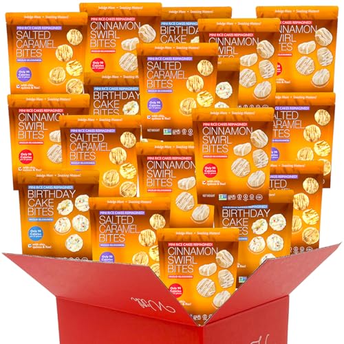 Mini Rice Cakes Variety Pack | 3 Flavors Birthday Cake, Cinnamon & Salted Caramel | Rice Crisps Healthy Snack Adults Kids | Vegan Gluten Free Allergen Free - (28 Bags (12 Birthday Cake, 10 Cinnamon, & 6 Caramel))