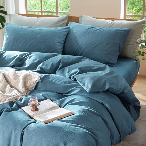 Image of MooMee Duvet Cover Set 100% Washed Cotton Linen Like Twin | Relaxed Linen-like Texture. Soft, Breathable & Long-lasting Comfort. Lightweight. Hidden Zipper with 8 Interior Corner Ties