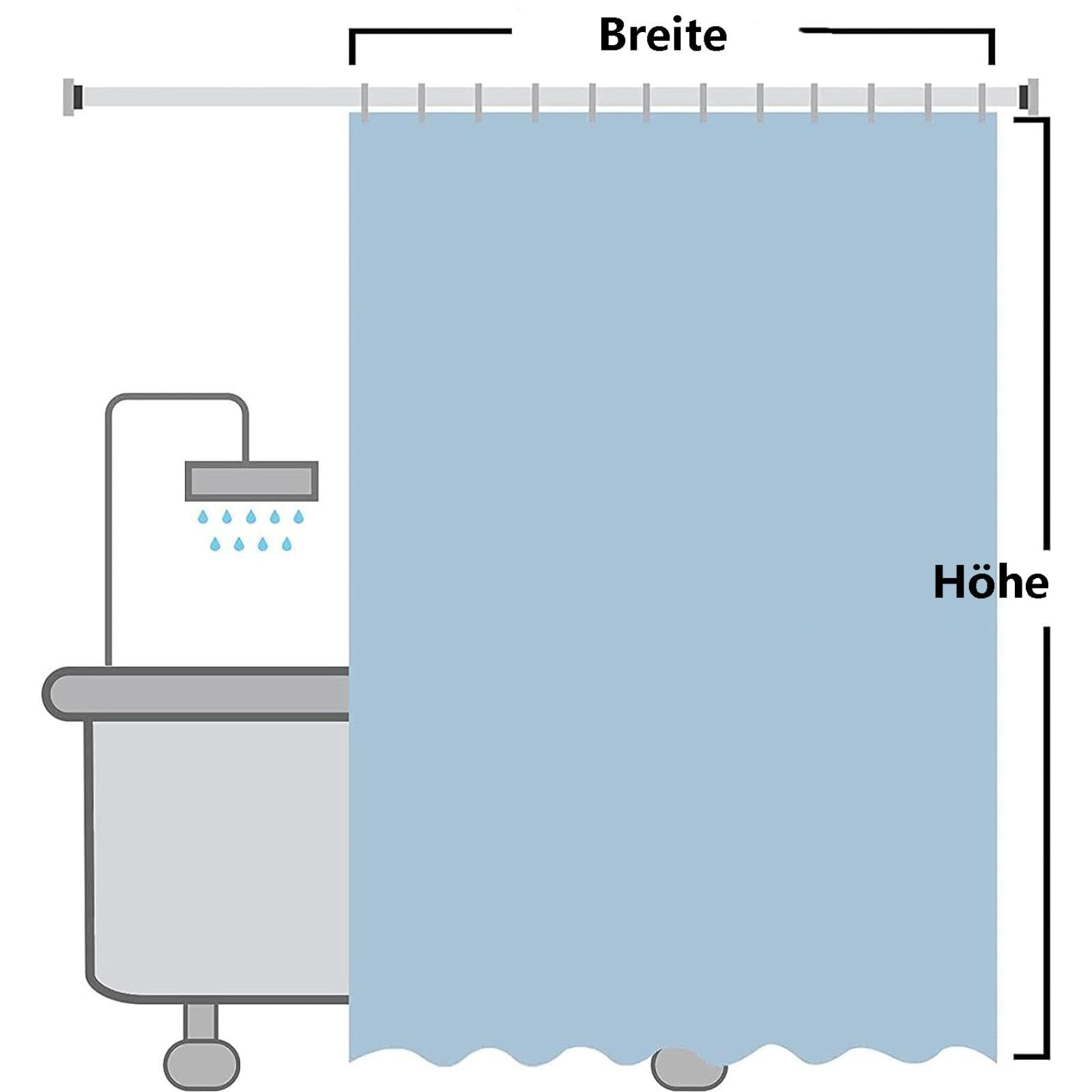 Rideau de douche moderne noir 180 x 198 cm en polyester imperméable et lavable avec séparateur idéal pour baignoire et douche avec 12 crochets pour décoration de salle de bain élégante.