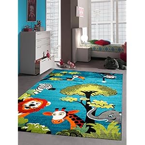 CARPETIA Kindertapijt speeltapijt kinderkamer tapijt dierentuindieren olifant giraf leeuw zebra aap turquoise grootte 200 x 290 cm