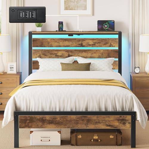 Image of Rolanstar Bed Frame Twin Size with USB Charging Station, LED Bed Frame with Wood Storage Headboard, Rustic Brown Metal Platform Bed with Under Bed Storage, No Box Spring Needed, Noise Free
