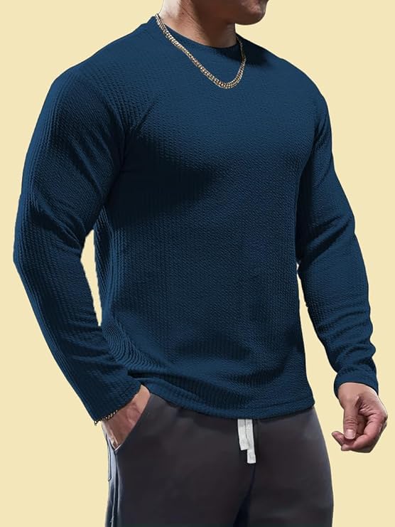 Image of Men's Polyester T-Shirt with Round Neck Long Sleeves Solid Pattern Regular Fit and Standard Length | Mans T Shirts for Casual