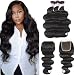 UNice Hair Icenu Series Brazilian Body Wave 3 Bundles with Free Part Lace Closure Virgin Human Hair Wefts 100% Unprocessed Human Hair Extensions Natural Black Color (16 18 20+14Closure)