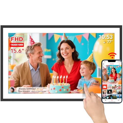 FRAMEO Digitaler Fotorahmen 15,6-Zoll extra große WiFi Digitaler Fotorahmen mit 32GB 1920 * 1080 IPS HD Touchscreen Desktop und Wandmontage Teilen von Fotos und Videos über FRAMEO APP mit Wetter Musik
