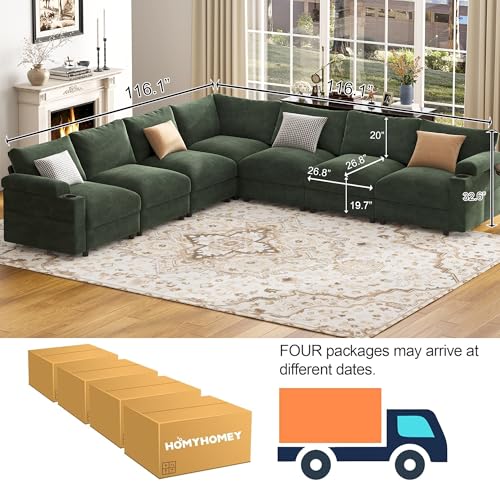 Image of Sectional Couches for Living Room FSC Certified Chenille Modular Couch Oversized Cloud U Shaped Convertible Sleeper Sofa Chaise Detachable Armrest Cushion (Chenille Green, Corner V Shape 7 Seat)