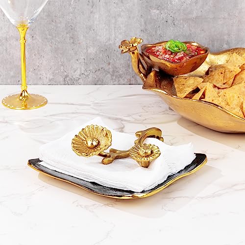 Gute Bronze Gold Floral Napkin Holder Decor - Golden Brass Flower Detail & Black Reflective Tray thumb #1
