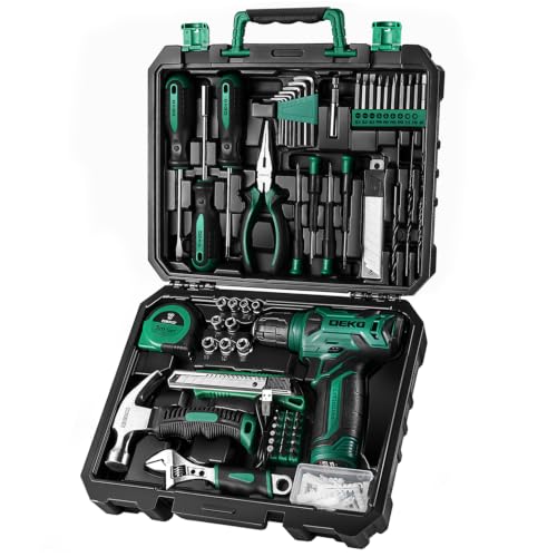 DEKO Caja Herramientas Taladro 8V, 126 Piezas Bricolaje Hogar Verde