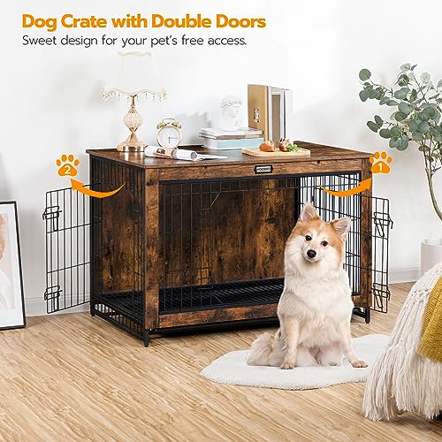HOOBRO Dog Crate Furniture, 38.6" Large Dog Kennel Indoor, Wooden Cage with Pull-Out Tray, Double Doors Pet House Side End Table for Large/Medium/Small Dogs, Rustic Brown BF982GW03G1 - Image 3
