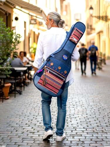 Image of The House of tara Denim Cotton Fabric Acoustic Guitar Bag Cover for Men and Women | Modern Guitar Case | Cotton Inner Lining | Adjustable Straps | Padded Protection | Zip Pocket | Blue