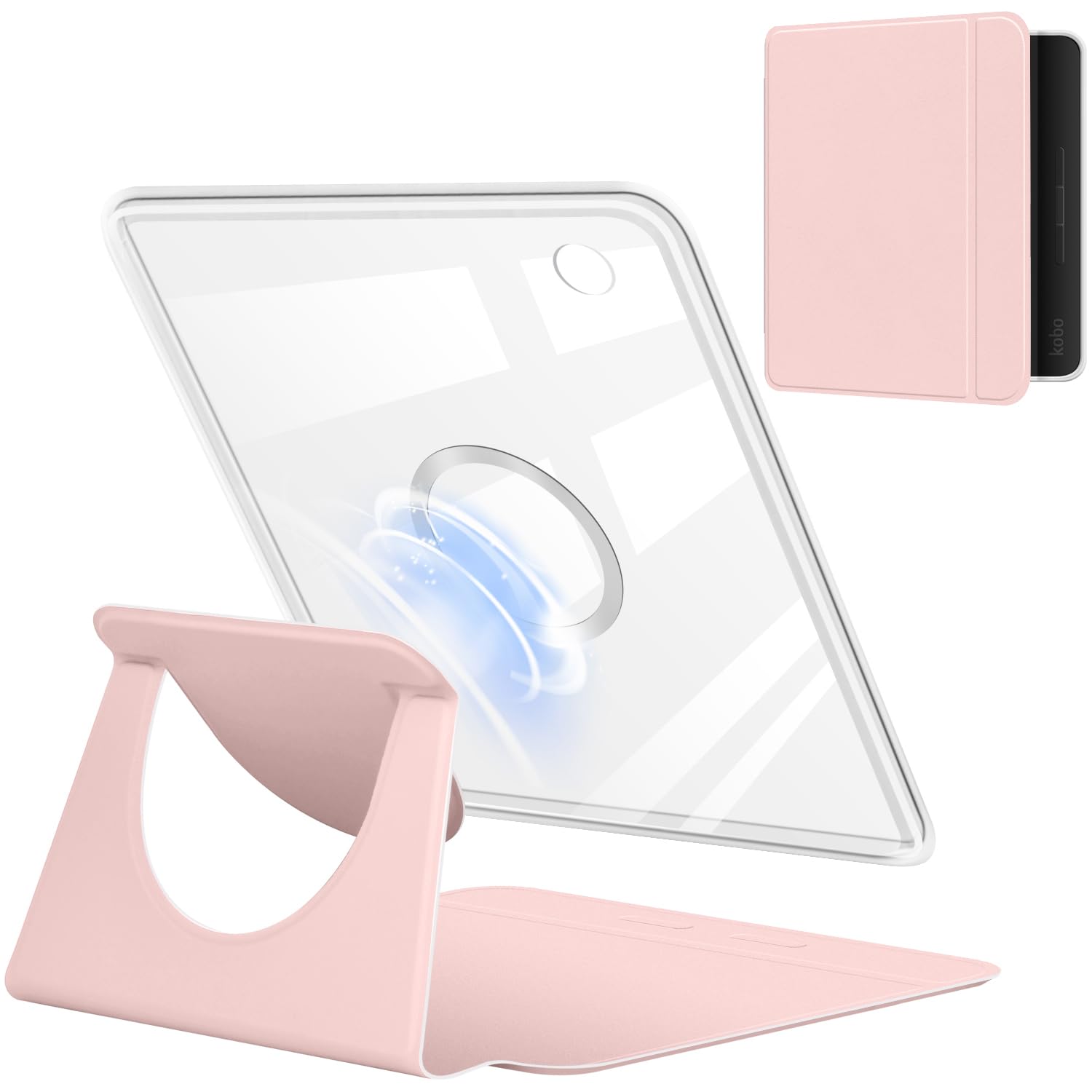 Photo 1 of 360 Degree Rotating Case for 7" Kobo Libra Colour 2024 Released, Detachable Magnetic Design Protective Adjustable Stand Cover Clear Back with Auto Sleep/Wake (Pink)