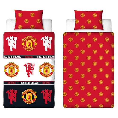 MANCHESTER UNITED FC Parure de lit simple avec housse de couette réversible et taie d'oreiller assortie Rouge