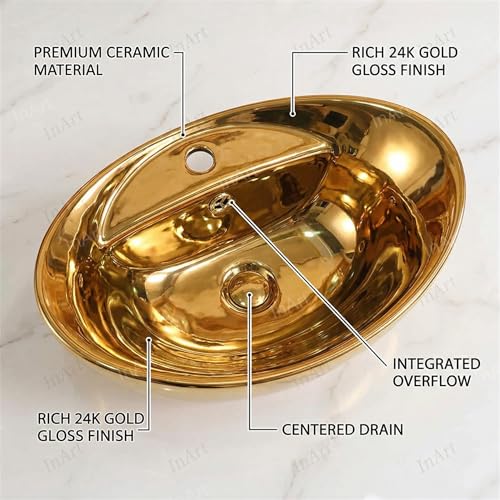 Image of InArt Ceramic Oval Gold Color Vanity Wash Basin, 59 x 39 x 21 CM, Luxurious Bathroom Sink