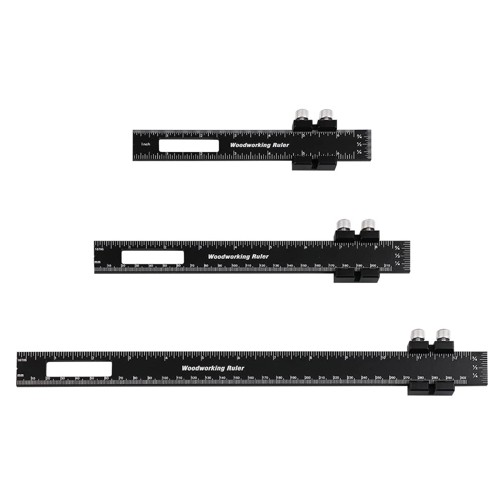 ASCENDAS Woodworking Ruler with Slide Stops, 3PCS 6/8/12 Inch T-Type Scribing Ruler Square Ruler, Inch and Metric Indicators Professional Woodworking T Track Ruler Marking Measuring Ruler (Black)