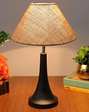 Homesake Black Metal Urn Table Lamp with Cone Fabric Shade, E27 Holder, (Jute)