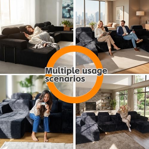 Image of 145 inch U Shaped Boneless Couches with Storage Console, Cup Holders, Chaise Lounge for Living Room, Modular Sectional Corduroy Comfy Cloud Memory Foam Deep Seat Oversized Boneless Sofa, Black