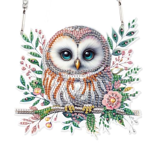 Image of AiYuanzsh Diamond Art Painting Kits Hanging Pendant, Animal Owl Diamond Art Hanging Sign DIY Special Shaped Crystal Pendant Ornaments for Door Wall Window Home Xmas Halloween Decor