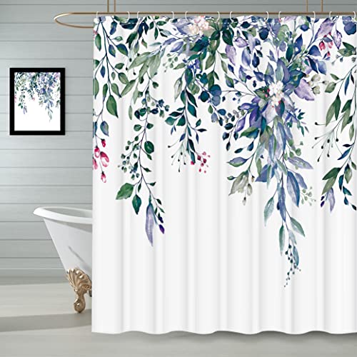 Weltrxe Green Purple Eucalyptus Shower Curtain Weighted, Watercolor Leaves On The Top Plant With Floral Bathroom Decoration Waterproof Fabric Shower Curtain Sets 72X72 Inch With Hooks #TOP28