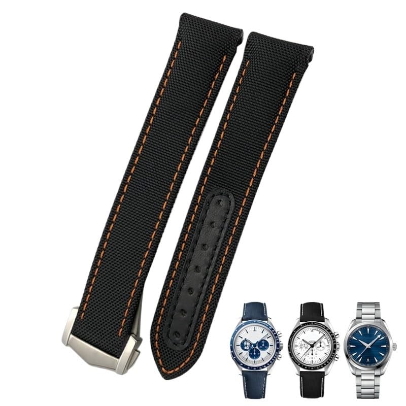RORFFK Correa de reloj de cuero y nailon de alta densidad, 20mm, 21mm, 19mm, apta para Omega Seamaster AQUA TERRA 150 GoodPlanet GMT, correa de reloj con extremo curvado(Black orange)