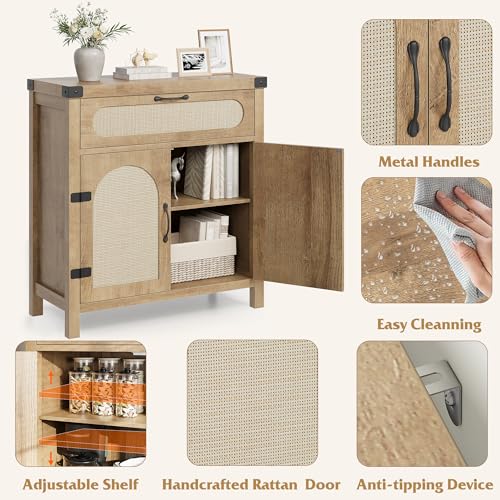GarveeHome Rattan Sideboard Buffet Cabinets with Storage, Farmhouse Kitchen Accent Storage Cabinet with Drawer, Boho Wooden Coffee Bar Cabinet for Dining Room, Living Room, Hallway, Natural