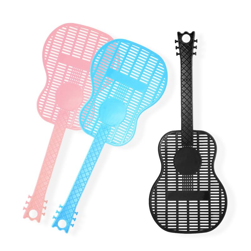 6 Pack Guitar Shape Fly Swatters, Creative Musical Instrument Design Manual Fly Swatter with Anti-Slip Handle & Hanging Hole, Lightweight Pest Control for Home Kitchen Garden Camping