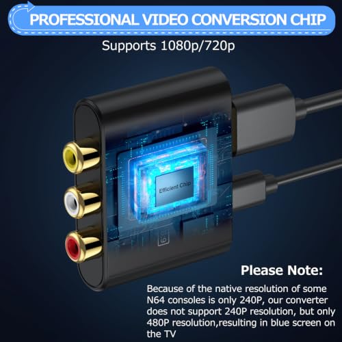 Image of CAMWAY RCA to HDMI Converter with AV Cable - 16:9 /4:3 Conversion 1080P AV to HDMI Adapter for Wii /PS1 /PS2 /N64 /X-box /DVD /VCR,Composite CVBS Video Audio Converter with HDMI Cable Supports PAL,NTSC