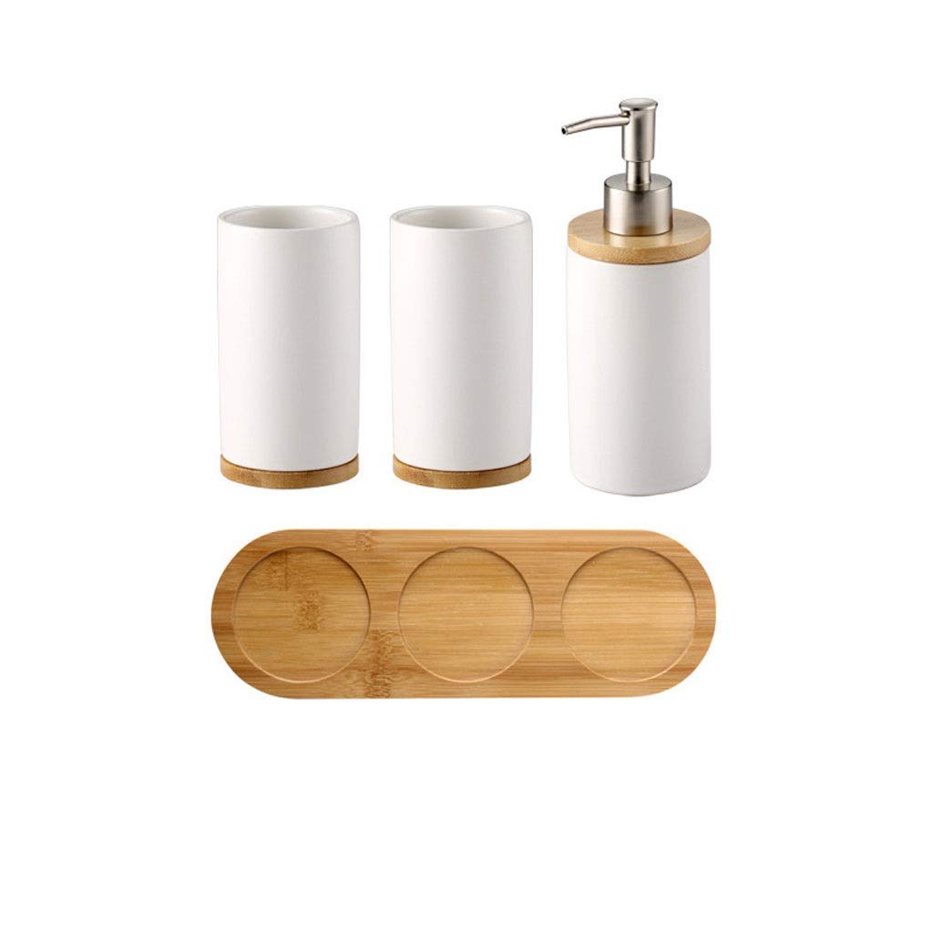 QQZQ Bathroom Accessories Set 4 Piece Bath Ensemble Includes Soap Dispenser, Toothbrush Holder, Tumbler Wooden pallet (color : White)