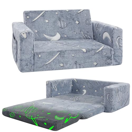 Toddler Couch,Toddler Chair, 2-in-1 Baby Seat Furniture Fold Out, Convertible Sofa to Lounger Soft Comfy Glow in The Dark Kids Sofa Bed Gifts for Kids Girl Boys,Star,Large