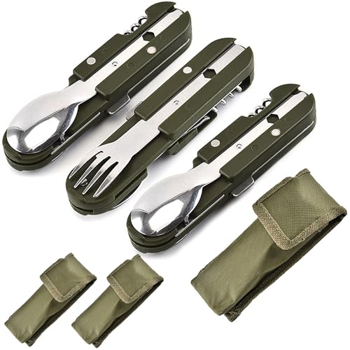 3 x Campingbesteck Klappbar Und Stofftaschen, Edelstahl Campingbesteck, Besteck Messer, Messer Löffel Set, Camping Cutlery Set, Outdoor Besteck Set...