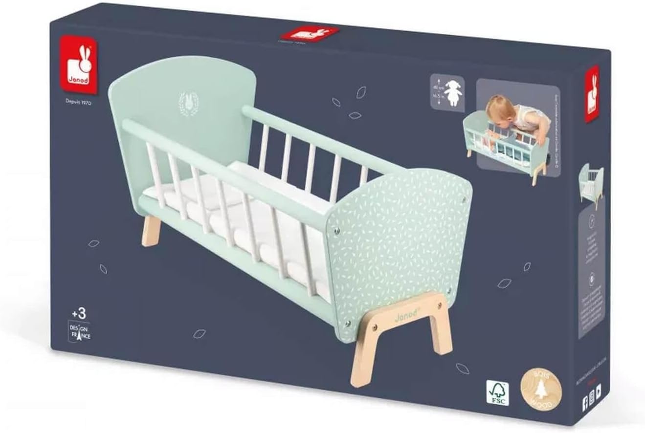 Janod - FSC Wooden Zen Crib - Imitation Set - Doll Crib with Rabbit Pillow and Blanket - Pepona Accessory - From 3 Years, J05902