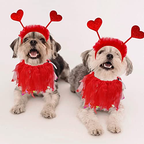 Goyoswa Dog Valentines Outfit, Dog Valentine's Day Clothes Red Glitter Hearts Dog Headband Dog Collar With Red Ribbons Holiday Costumes For Small Medium Large Dogs #TOP6