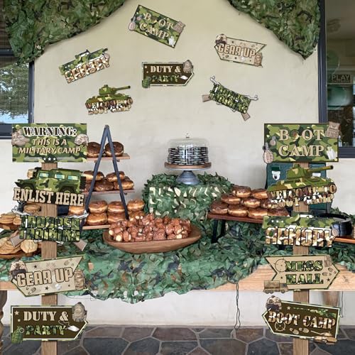 Image of Hooqict 20 Pieces Army Party Sign Camouflage Military Birthday Party Decorations Directional Signs for Boys Men Camo Army Retirement Decorations Welcome to Boot Camp Party Supplies