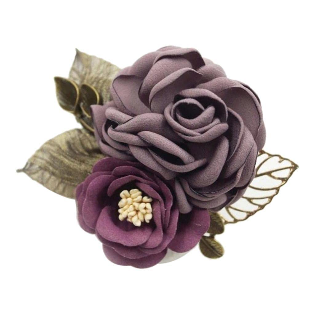 BNF Korean Style Rose Flower Shawl Brooch Pin Groom Bridal Corsage Cameo Brown