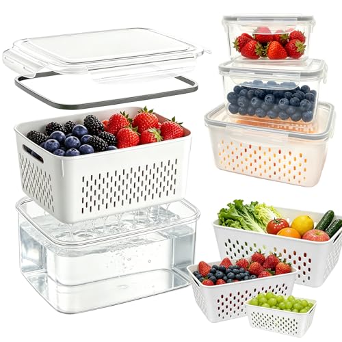 Image of IKKAB 3 Pack Fruit Storage Containers for Fridge with Removable Colander, Airtight Produce Storage Containers for Fridge, 4-in-1 Fruit and Vegetable Storage, Berry Keeper, Stackable Veggie Containers