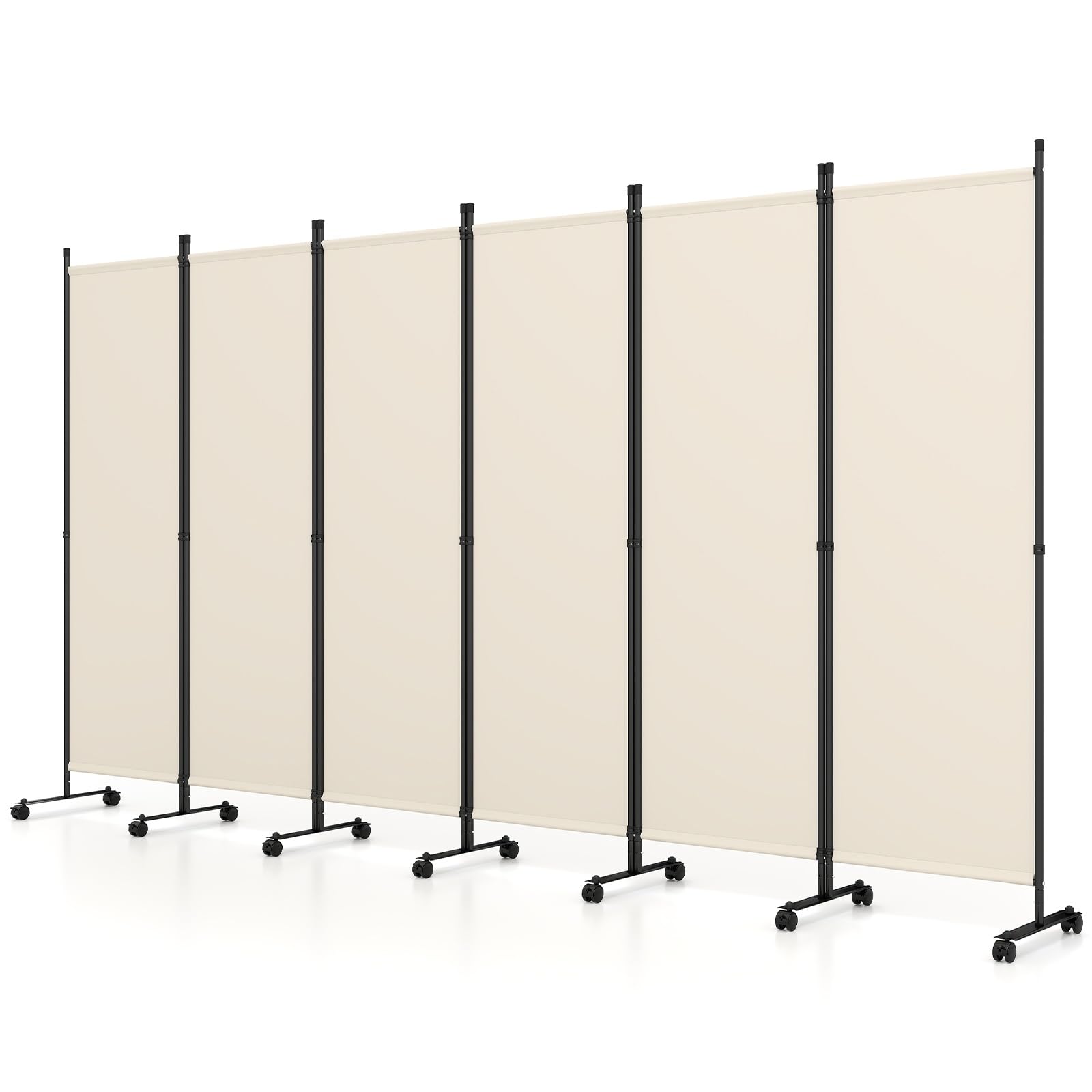 LIFEZEAL Biombo Separador 6 Paneles con Ruedas, Plegable (Beige) | Estructura Metálica, Pantalla Privacidad para Hogar Oficina Terraza Jardín, 331.5x35.5x173 cm, Negro