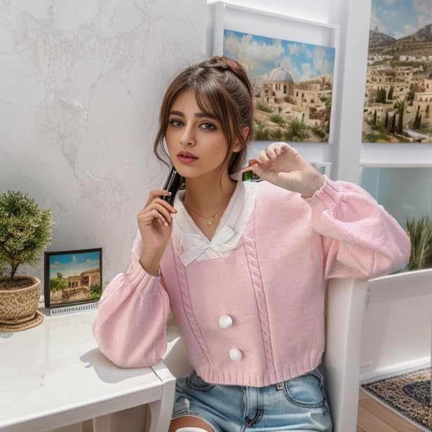 FindThy Women's Y2K Pullover Sweater Sweet Lantern Sleeve Bowtie Knit Crop Jumper Tops - Image 4