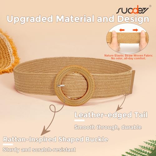 SUOSDEY Straw Woven stretchy Waist Belt for Women Dresses,Wide Boho Braided Elastic Belt with Round Buckle4