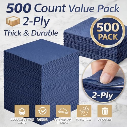 Image of Henoyso 500 Pack 2 Ply 9.8 x 9.8 Inch Navy Blue Cocktail Napkins Bulk | Disposable Dinner Beverage Paper Napkins for Wedding Bar Party Birthday Cocktail Holiday Elegant Restaurant