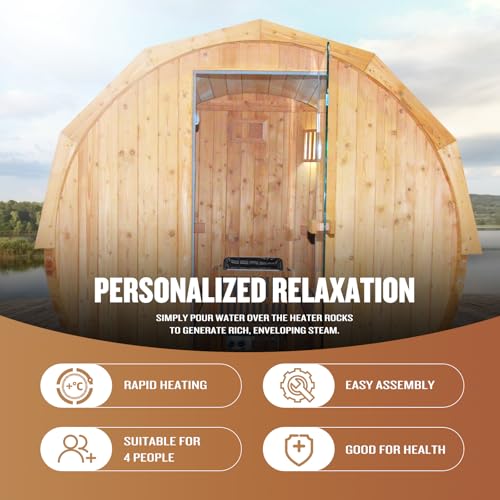 Image of OUTEXER Outdoor Traditional Sauna 4-5 Person 240V 4.5KW 6'x6' Steam Saunas | Wet Finnish Carbonized Spruce Wood Sauna with Heater,Sauna Stone,Water Bucket,Ladle,LED Lights