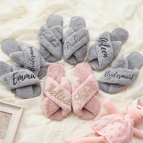 Personalized Bride Fluffy Slippers, (XS-S-N-L-XL)(Women+Kid) Custom Bridesmaid Shoes for Wedding Day, Bachelorette Party Bridal Shower Gift for Bride, Hen Fluffy Slide On Girls Night Sleepover2