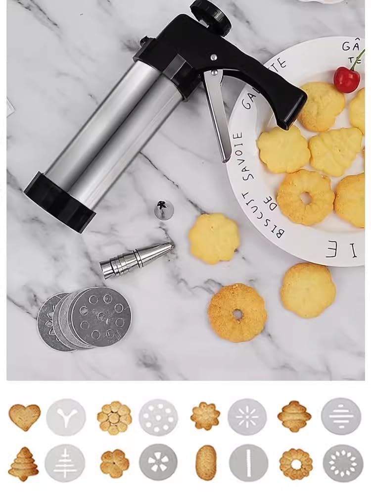 Presse à Pâtisserie 2-en-1 : Set Complet Glaçage Et Machine à Biscuits Avec 7 Douilles Inox Et 13 Emporte-pièces